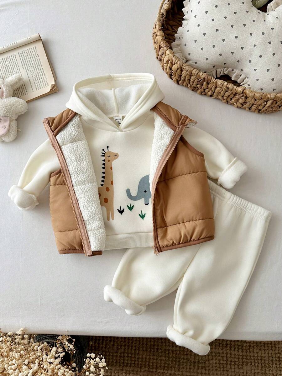 SHEIN 女嬰編織無袖加厚背心 + 連帽衛衣 + 長褲 3件套 - 彩色 - 查看 1