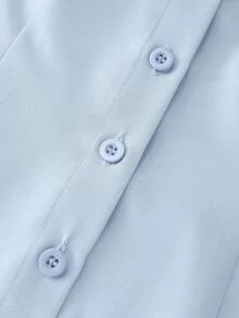 Franclia Damen Mode Perlen Schleife Dekor V-Ausschnitt Falten Taille Langarm Bluse - Blau - Übersicht 6