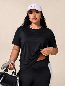Rhythm Era Women's Plus Size Solid Color Crew Neck Short Sleeve Sports T-Shirt - Black - View 7