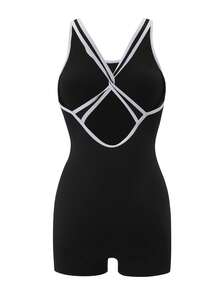 Sirith Jumpsuit Olahraga Wanita Warna Solid Hitam & Putih Kontras Leher Bulat Besar dengan Detail Silang di Belakang - Hitam - View 8