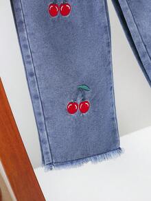 SHEIN Elladie kids 女童復古 2 合 1 T恤與櫻桃刺繡牛仔褲兩件套 - 黃色 - 查看 7