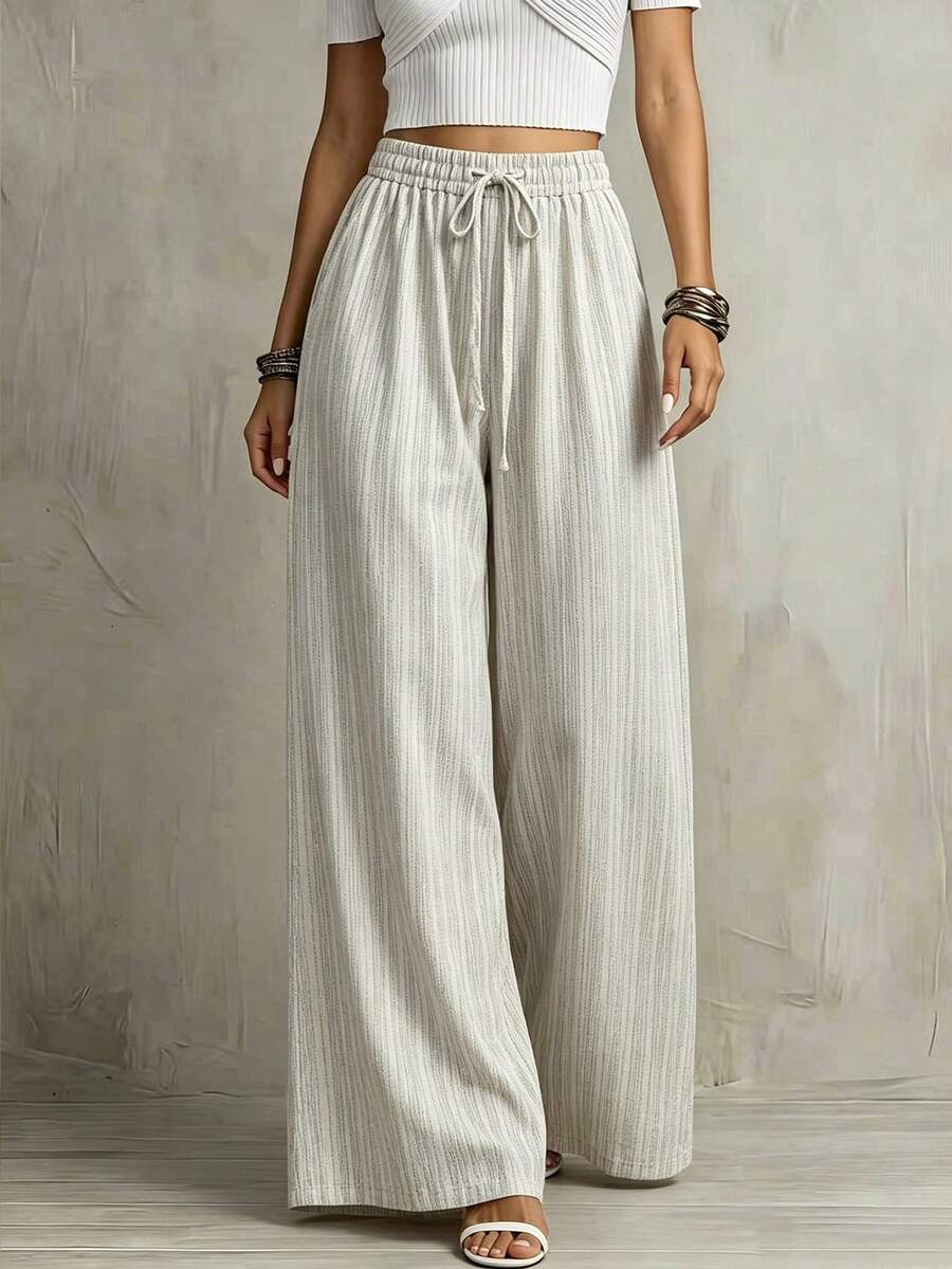 Franclia Contrast Striped Print Wide Leg Pants Elegant Casual Autumn Vacation High Waist Chic Party Beach Wear White - Multicolor - View 1