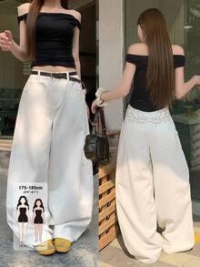 Dazy Tall Celana Jeans Wanita Longgar Putih Kasual Model Lurus dengan Hiasan Bordir di Bagian Belakang (Atasan Lucu) - Putih - View 1