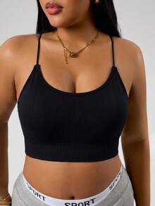 SHEIN Unity Plus Size Seamless Spaghetti Strap Sports Tank Top, Sexy Y-Back Design, Seamless Comfortable Back-Flattering Fitness Tank For Daily Wear And Casual Workout - Black - View 3