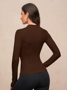 Activina Women's Solid Color Zipper Front Slim Fit Casual Sports Jacket - Brown - View 2