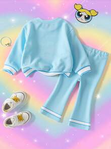 THE POWERPUFF GIRLS X SHEIN Set Baju Sweatshirt Lengan Panjang dan Celana Panjang Model Lebar untuk Bayi Perempuan dengan Motif Kartun Lucu - Biru - View 2