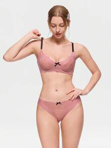 Bonmuse 蕾絲性感女款內衣內褲套裝，鋼圈軟舒適內衣套裝，適合夏季 - 粉色 - 查看 4