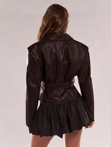 SHEIN BAE 女款純色腰部綁帶時尚百搭日常休閒夾克 - 巧克力棕 - 查看 2