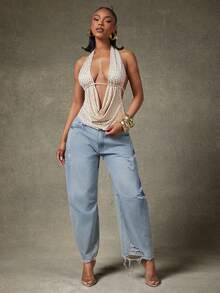 Denimoi Rhinestone Embellished Cowl Neck Halter Top Sexy Tops Open Back Tops GNO Date Night Clubwear, Going Out, Date Night - Apricot - View 5