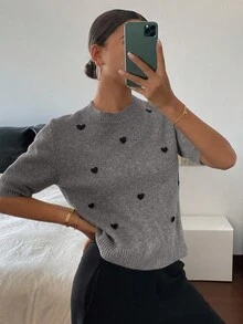 Livesso Tall Women's Round Neck Short Sleeve Heart Decor Pullover Sweater Autumn Date Holiday Gray Casual Romantic - Grey - View 3