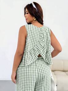 Shapeblank Plus Size Summer Casual Plaid Ruffle Tank Top & Pants 2 Pieces Set - Green - View 6