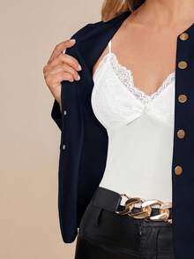 Amorya Women's Spring/Summer Casual Solid Color Double-Breasted Lightweight Jacket In Fall/Winter - Navy Blue - View 5