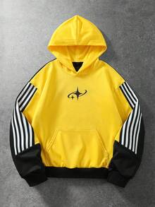 ROMWE MEN Men's Patchwork Striped Functional Style Printed Streetwear Hoodie - Yellow - View 1