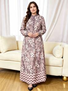 SHEIN Najma 大尺碼女款度假花卉印花長袖半開襟鈕扣連身裙 - 彩色 - 查看 7