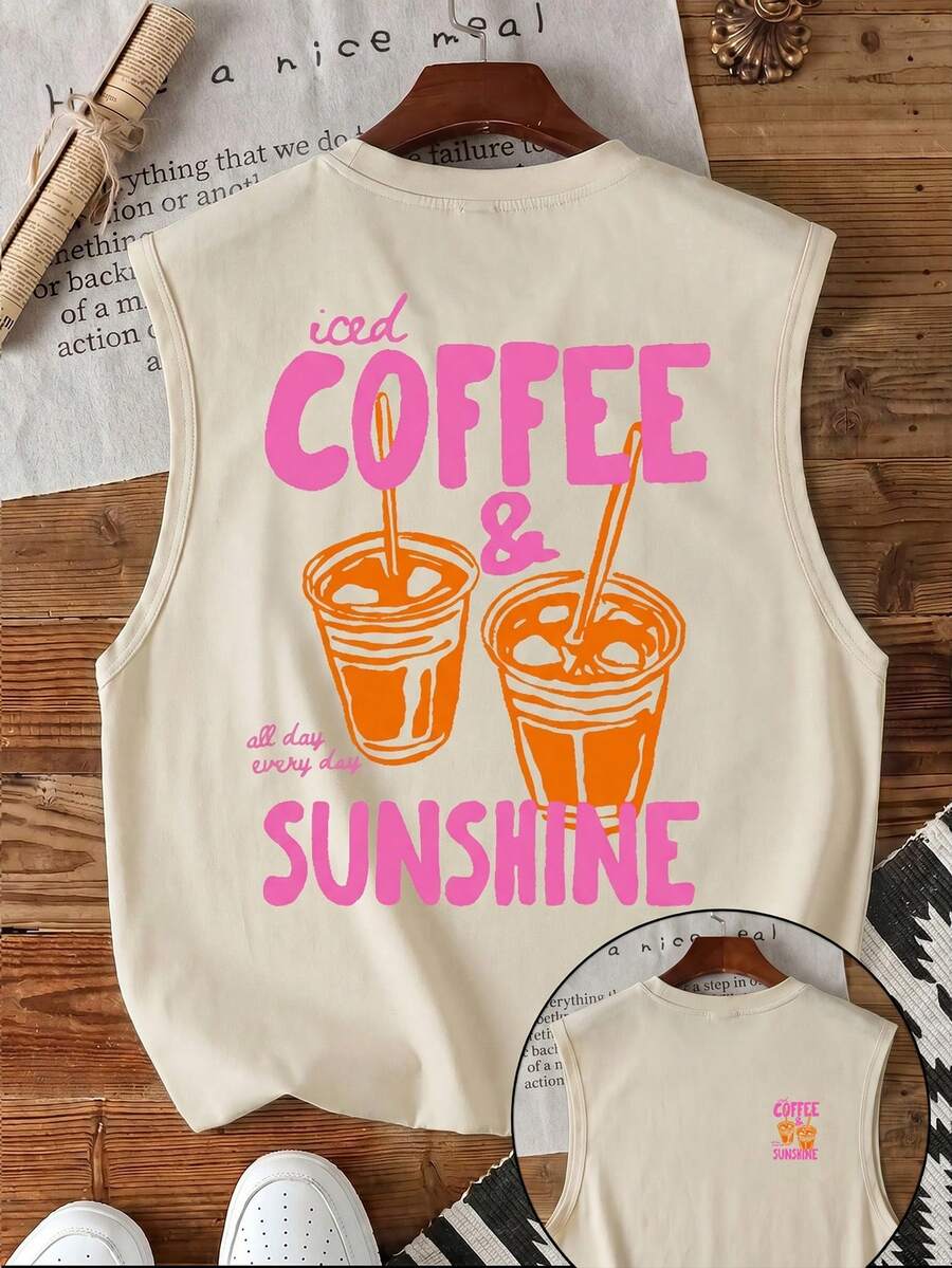 Daypath Áo tank top nam dáng rộng in họa tiết cà phê - Màu Khaki - Xem 1