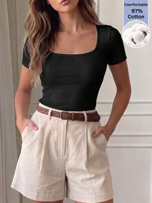Easowa Women's Solid Color Ruched Slim Fit Versatile Minimalist Simple Casual Short Sleeve T-Shirt Everyday Daytime Black Summer Night Office - Black - View 1
