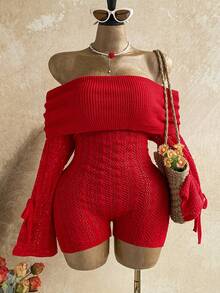 Soleia Women's Plus Size Red Off-Shoulder Long Sleeve Fitted Jumpsuit Autumn Celestial Sexy Night Theme Party - Red - View 6