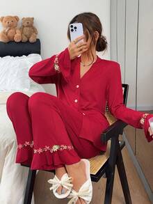 Napfluff Women's Colorful Embroidered Floral Trim Ruffle Long Sleeve Pajama Set, Burgundy Ribbed Knit Fabric, Comfortable Elegant Detail Autumn/Winter Clothing - Red - View 6