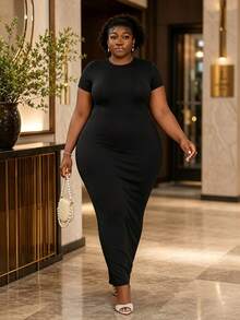CurvyTilda Plus Size Women's Black Simple Slim Long Dress,Casual Everyday High Elastic Bodycon Autumn Fashion Basic Versatile Fall Church Clothes Elegant Summer - Black - View 4