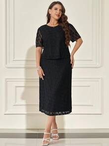 Miaspire Plus Size Women's Summer Elegant Casual Lace Blouse And Skirt 2-Piece Set, Black - Black - View 5