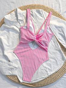 Swim Mod 女款新款棕色格紋連身泳衣，胸前圓環設計，優雅極簡泳裝，適合海灘度假、拍照出片，春夏假期泳衣，後背交叉肩帶設計，獨特顯眼，露背性感連身泳衣 - 彩色 - 查看 3