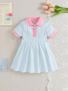 SHEIN 1件少女粉色拼接藍白條紋 Polo 領鈕扣式馬匹刺繡可愛休閒運動韓風優雅時尚甜美洋裝裙，收腰 A 字版型，適合夏季日常外出或室內場合，百搭穿搭 - 藍色 - 查看 6