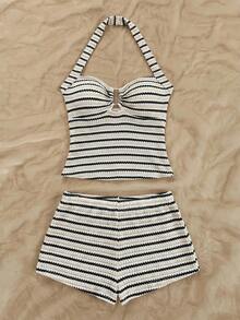 Soleia Women's Striped Ruffle Halter Top And Shorts Casual 2 Pieces Set No Chest Padding - Black and White - View 3