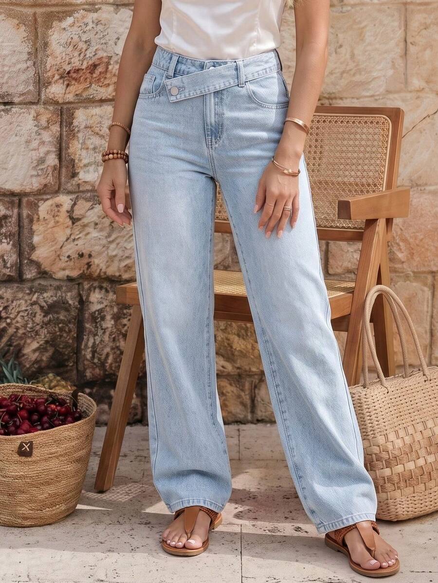 EMERY ROSE Quần Jeans Ống Thẳng Lưng Cao Rộng Màu Xanh Nhạt Thường Ngày Cho Nữ - Rửa nhẹ - Xem 1