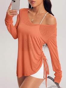 Dewbera Dewbera Women's Solid Color Long Sleeve Side Drawstring Sports T-Shirt - Orange - View 6