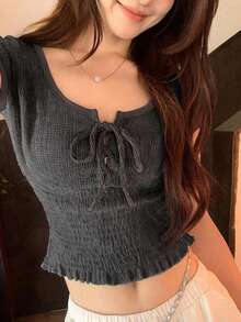 DAZY 女款純色休閒百搭日常穿著短袖T恤 - 黑色 - 查看 5
