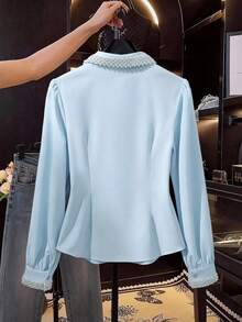 Franclia Damen Mode Perlen Schleife Dekor V-Ausschnitt Falten Taille Langarm Bluse - Blau - Übersicht 2