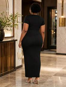 CurvyTilda Plus Size Women's Black Simple Slim Long Dress,Casual Everyday High Elastic Bodycon Autumn Fashion Basic Versatile Fall Church Clothes Elegant Summer - Black - View 3