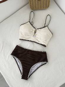 Swim Lushoire Set Baju Renang Wanita untuk Liburan dengan Gesper Logam Bertekstur dan Bordir Motif Kerang, Atasan Tank Top dan Bawahan Bikini Segitiga - MultiWarna - View 3