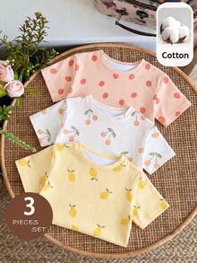 Baby Girl Casual Minimalist Round Neck Short Sleeve T-Shirt 3pcs Set Suitable For Spring And Summer - Multicolor - View 5