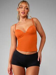 MISSGUIDED Top corto tipo corsé longline con sujetador incorporado y tirantes ajustables para fiesta de verano - Naranja Quemada - Ver 3