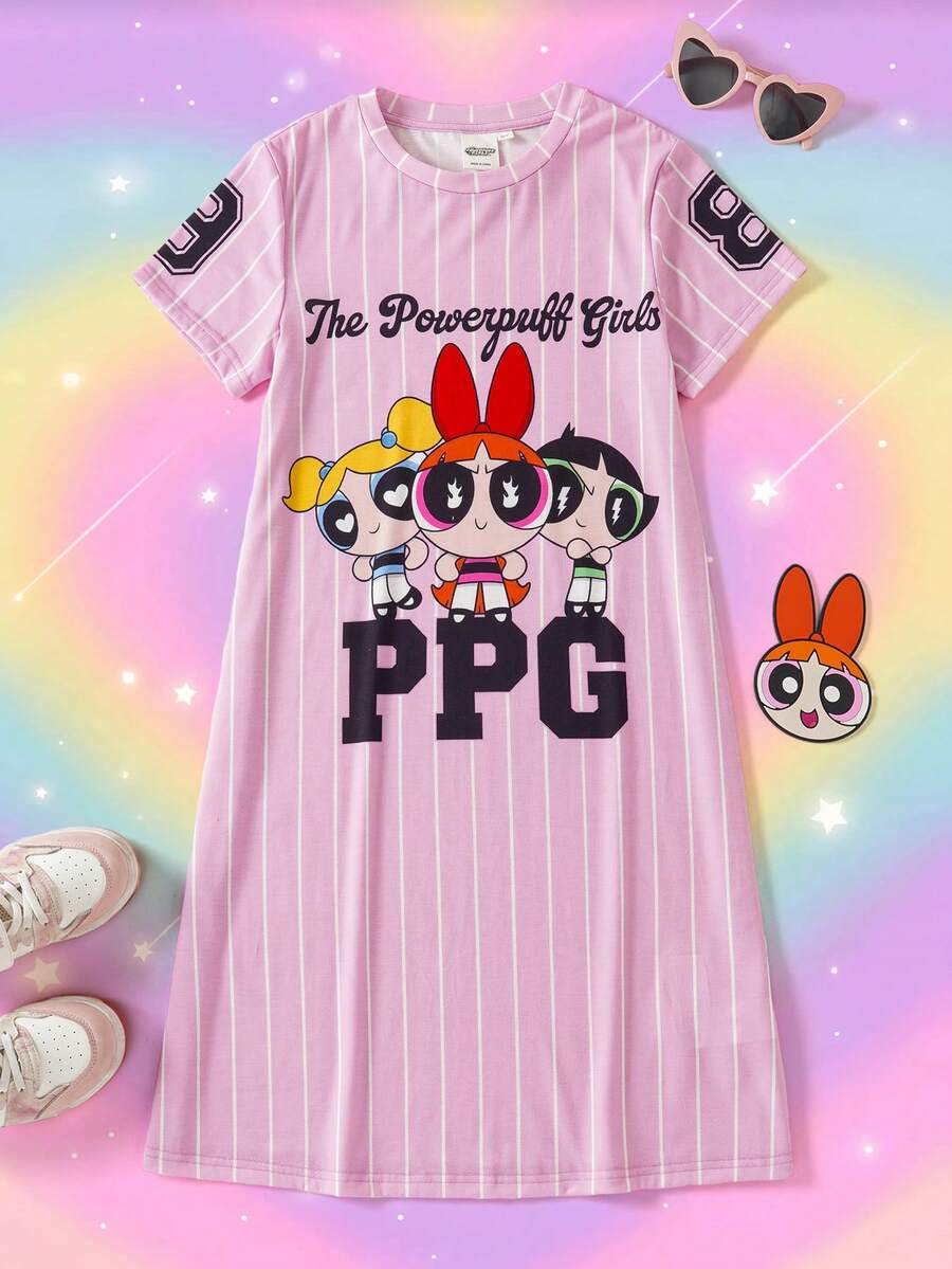 THE POWERPUFF GIRLS X SHEIN Tween Girl Striped Round Neck Short Sleeve Dress - Pink - View 1