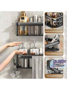 Kệ phòng tắm dán tường tất cả trong một kèm móc treo, không cần khoan, gắn tường, chống rỉ, lưu trữ cao cấp, phù hợp cho phòng tắm và nhà bếp, kệ lưu trữ, màu đen - Nhiều màu - Xem 4