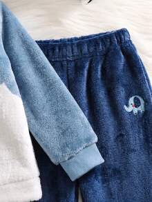 SHEIN 兒童小男孩冬季刺繡恐龍圖案圓領落肩長袖上衣與長褲套裝，柔軟舒適雙面法蘭絨 - 彩色 - 查看 6
