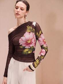 Arave Top ajustado sexy transparente con cuello asimétrico y estampado floral - Café integral - Ver 4