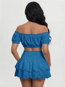 SHEIN SXY 女款法式性感短版鏤空刺繡綁帶上衣 - 藍色 - 查看 2