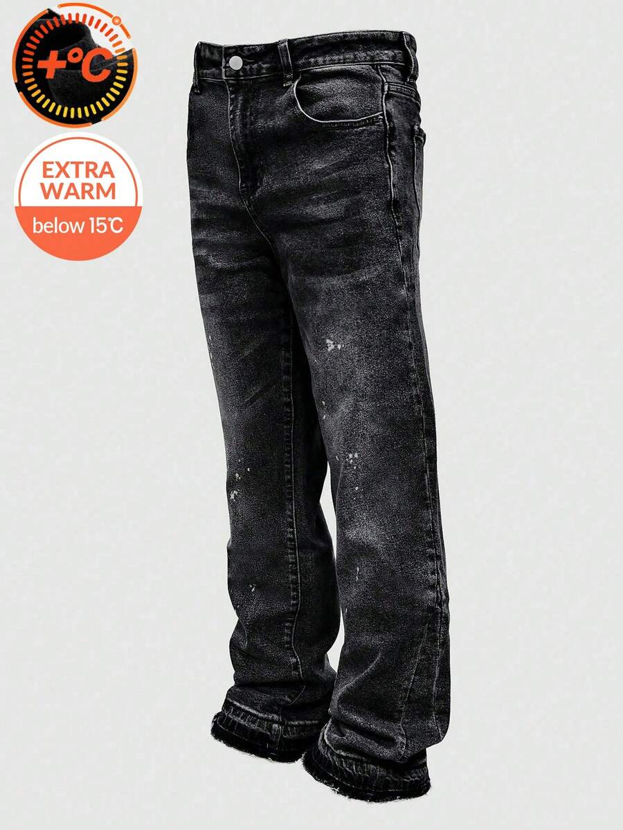 SHEIN Teen Boy Winter And Autumn Black Brushed Cotton Base Warm And Stretchy Tight Flared Jeans - Black - View 1