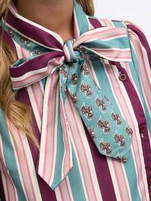 Nöista Striped -Bow Blouse With Contrast Cuffs. Fall, Office Wear, Elegant Style. - Multicolor - View 6
