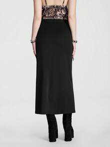 Breakform Gothic Halloween Sexy High-Waisted Maxi Skirt With Slit – Classic, Slimming, Versatile, Dark & ​​Edgy Style - Black - View 2