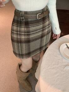 Dazy Tall Women's Plaid Skirt Elegant Wool Blend Skirt - Khaki - View 5
