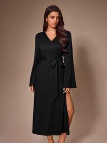 Lazeform Women's Lazy Comfortable Casual Classy Elegant Black Side Slit Loungewear Robe Lounge Formal Autumn - Black - View 1
