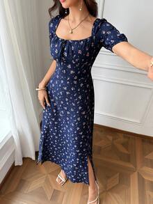 Modelyn 女款方領碎花開衩度假夏季短袖洋裝 長版晚禮服 - 藏蓝色 - 查看 3