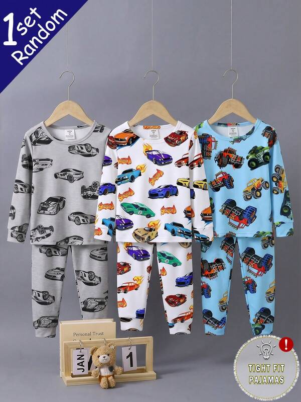 [1 Set Acak] Piyama Anak Laki-Laki, Motif Kombinasi Mobil Musim Semi/Gugur Terbaru, Setelan 2 Potong Lengan Panjang dan Celana Panjang Bahan Elastis Tinggi yang Pas Ketat, Pakaian Santai dan Pakaian Tidur, Disarankan Memesan Satu Ukuran Lebih Besar