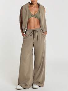 11SKNDS Wide Leg Drawstring Sweatpants With Elasticated Waistband And Logo Print For Casual Everyday Wear - Army Green - View 4