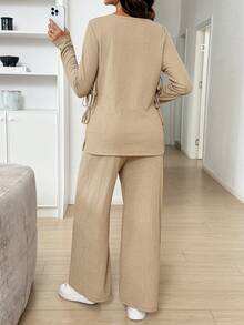 SHEIN 孕婦純色側開衩綁帶上衣與長褲兩件套 秋季 - 卡其色 - 查看 8
