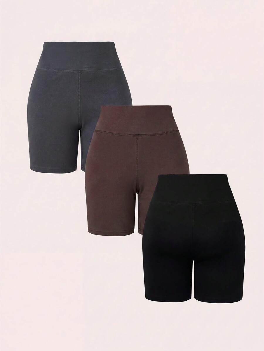 SHEIN BASICS 女款純色鬆緊腰休閒基本款運動短褲 健身健身房運動褲 灰色巧克力棕黑色 夏季健身運動風寬鬆工裝短褲 - 彩色 - 查看 1